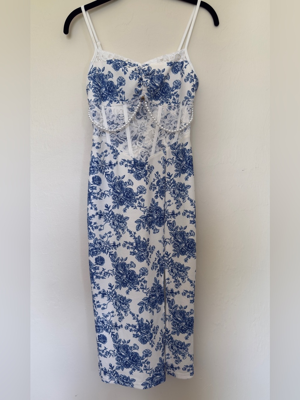 Blue Floral Midi Dress with lace and pearl accents